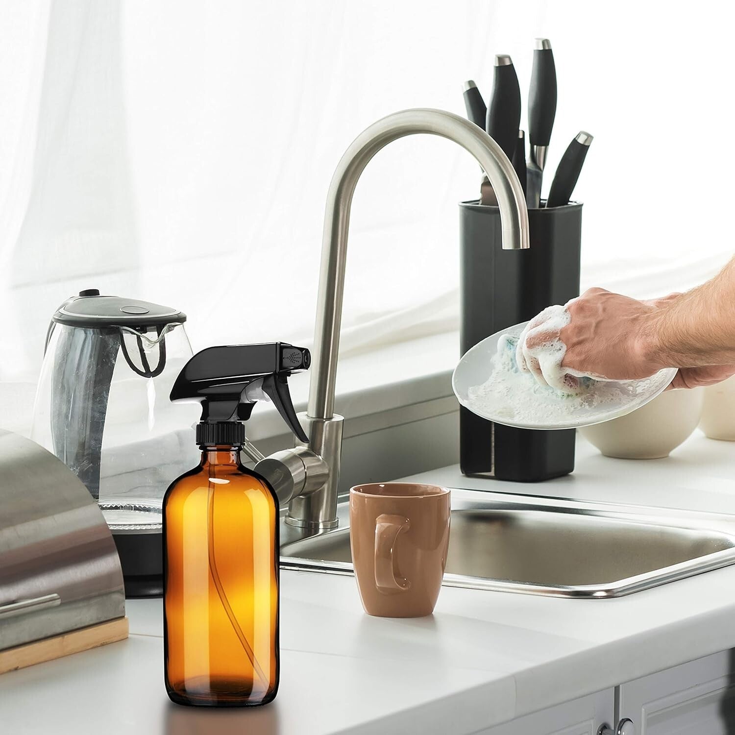 Refillable 16 oz Amber Glass Spray Bottles with Mist & Stream Settings - 6 Pack