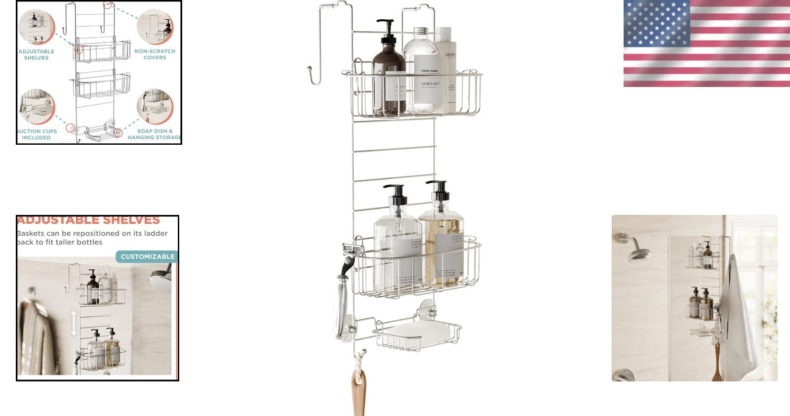 Adjustable Shower Caddy Organizer in Durable Stainless Steel - Fits Most Doors