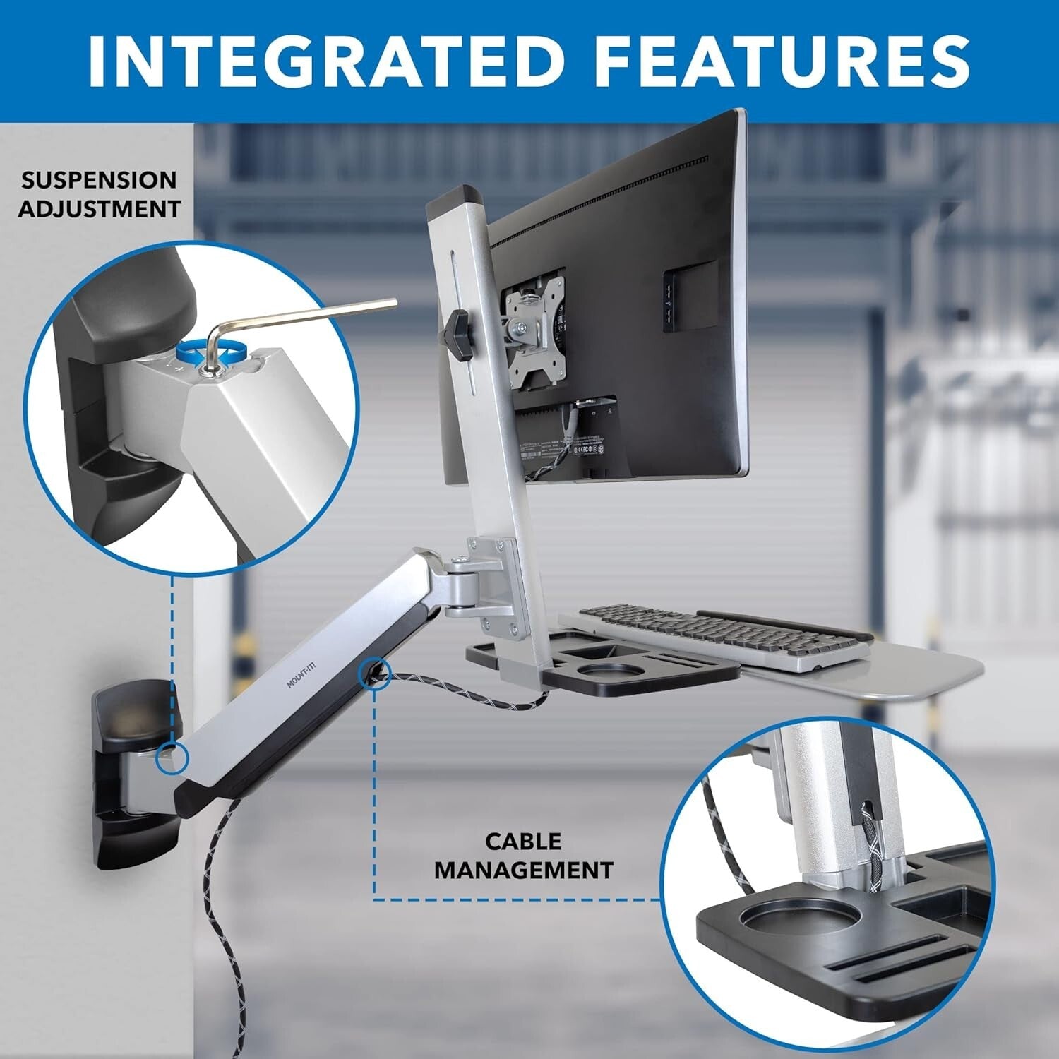 Adjustable Wall-Mounted Workstation with Articulating Monitor Arm & CPU Holder