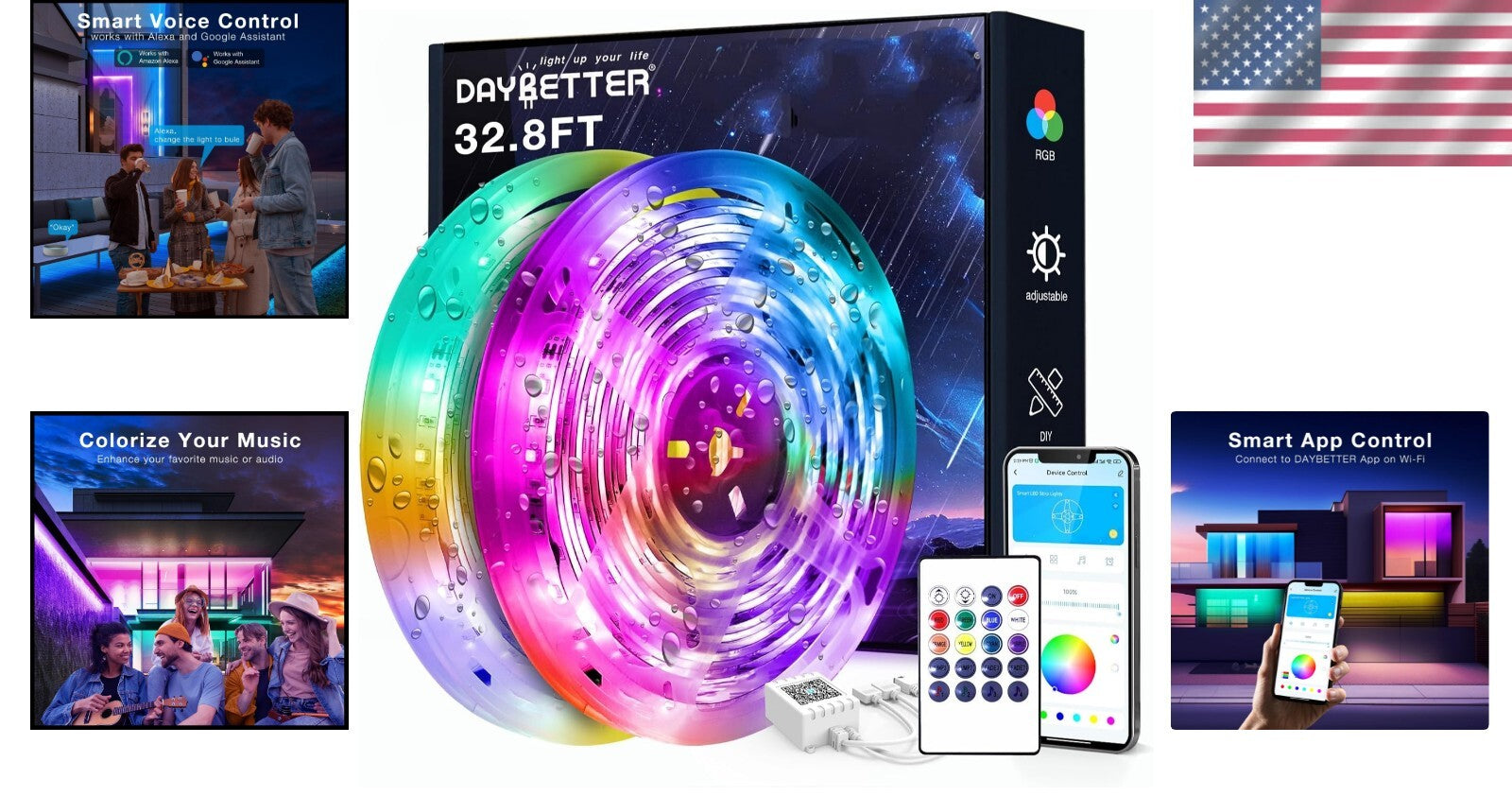 Flexible 32.8 ft Smart LED Strip Lights with Music Sync & Alexa Compatibility