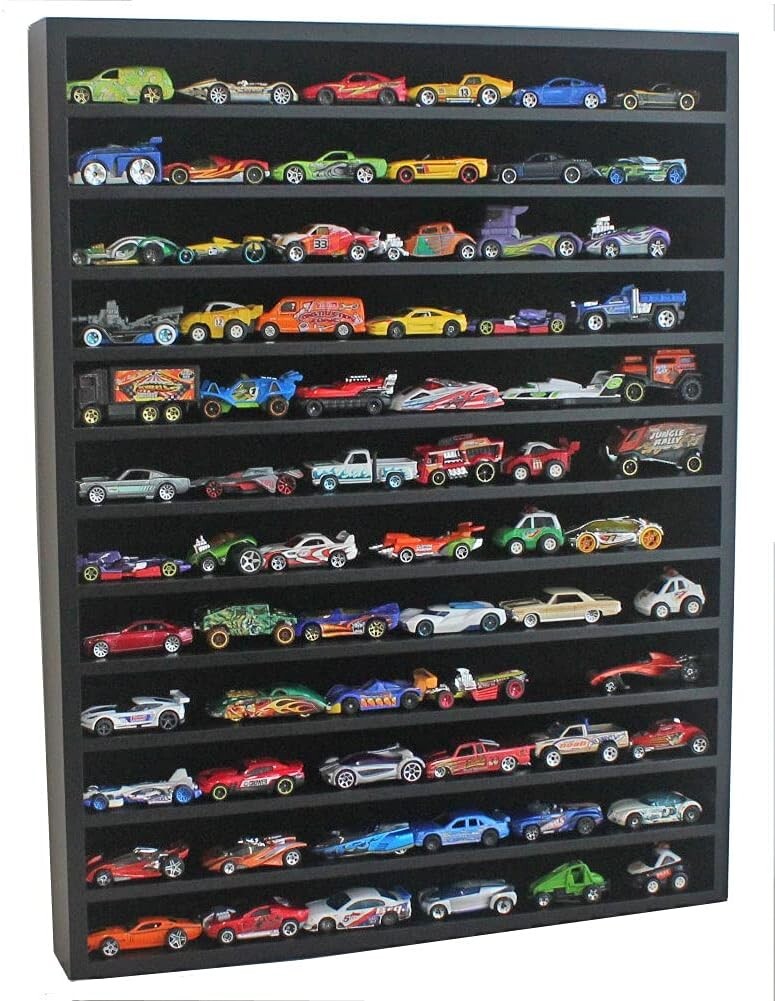 Elegant Black Wall-Mount Hot Wheels Display Case for 55-60 Die-Cast Models
