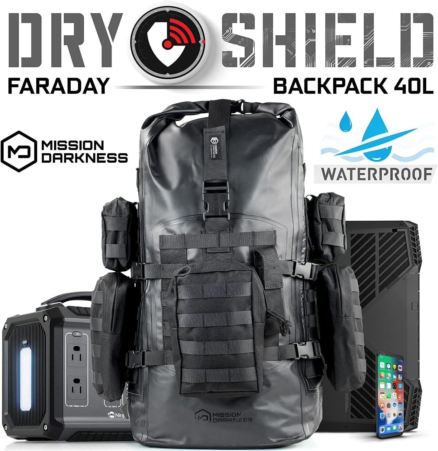 40L Military-Grade Waterproof Faraday Backpack with MOLLE System for Electronics