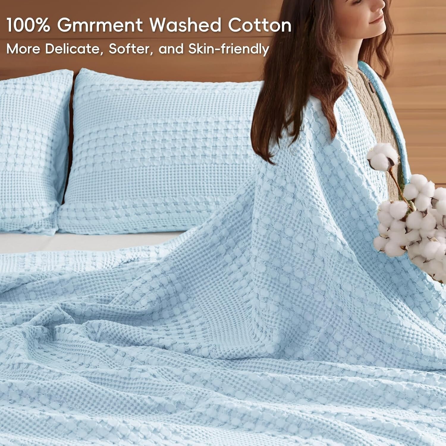 Breathable King Size Waffle Weave Blanket - Lightweight & Cozy in Baby Blue