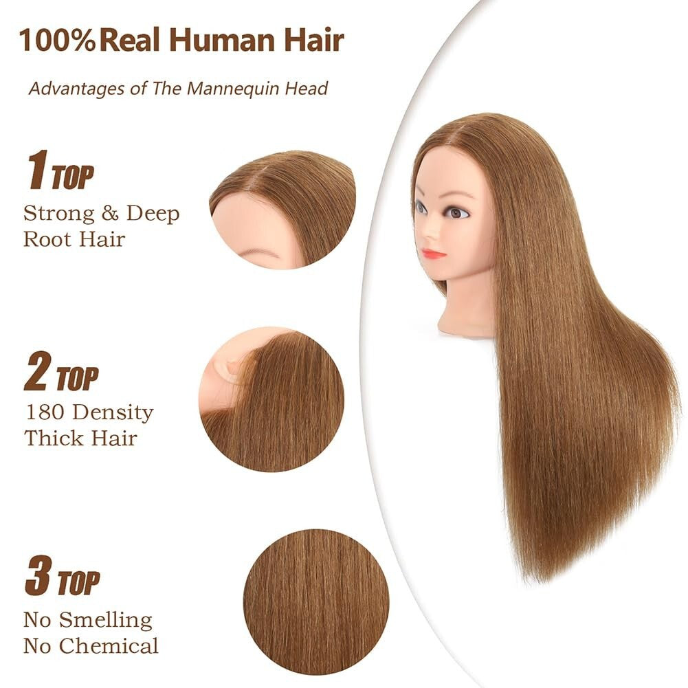 Cosmetology Mannequin Head in Light Brown - 100% Human Hair, Perfect for Styling