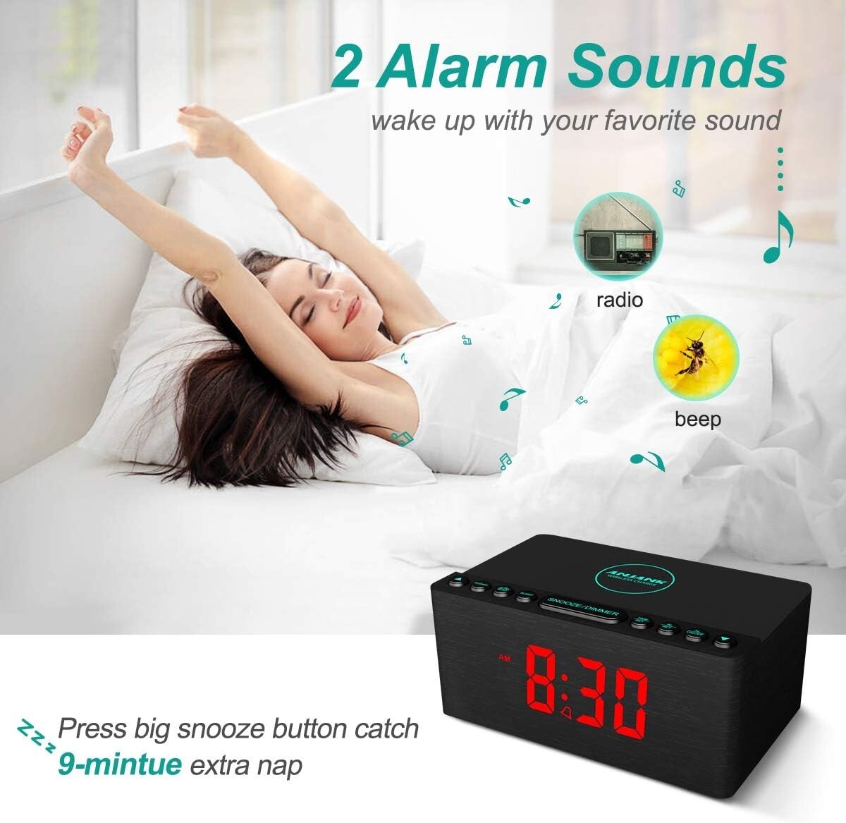 Chic Wooden Alarm Clock & Wireless Charging Dock with Adjustable Brightness