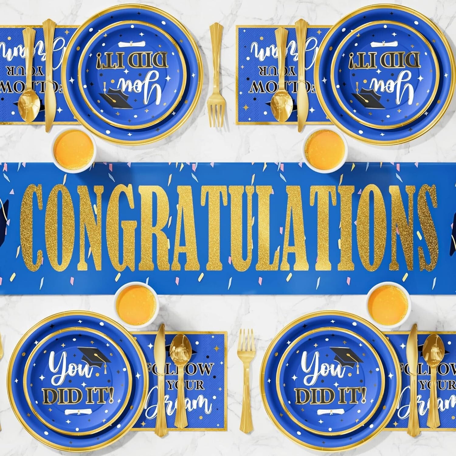 Disposable 350PCS Graduation Decorations - Blue & Gold Dinnerware for 50 Guests