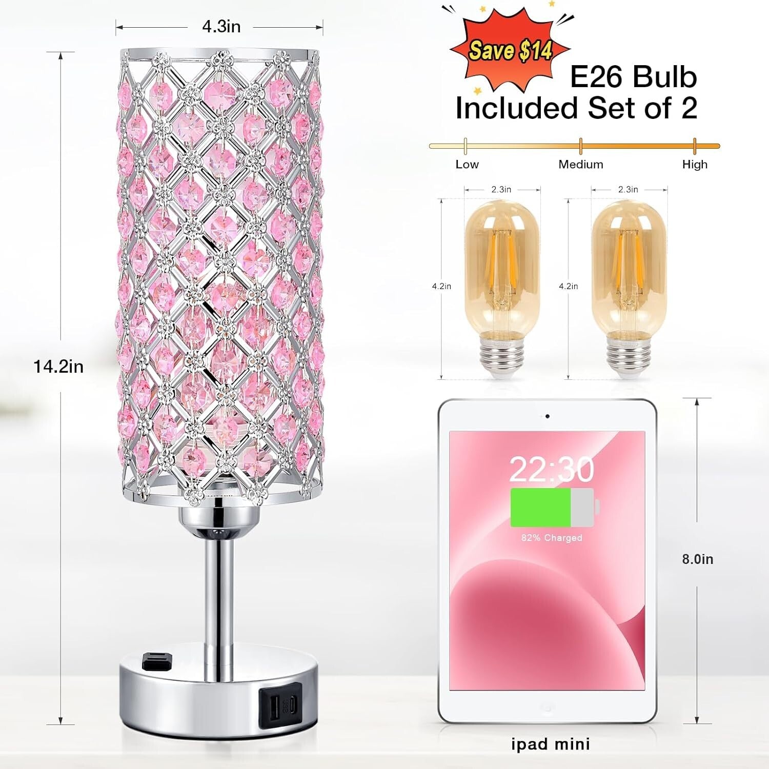 Modern 2-Pack Dimmable Touch Crystal Table Lamps with USB Charging Ports