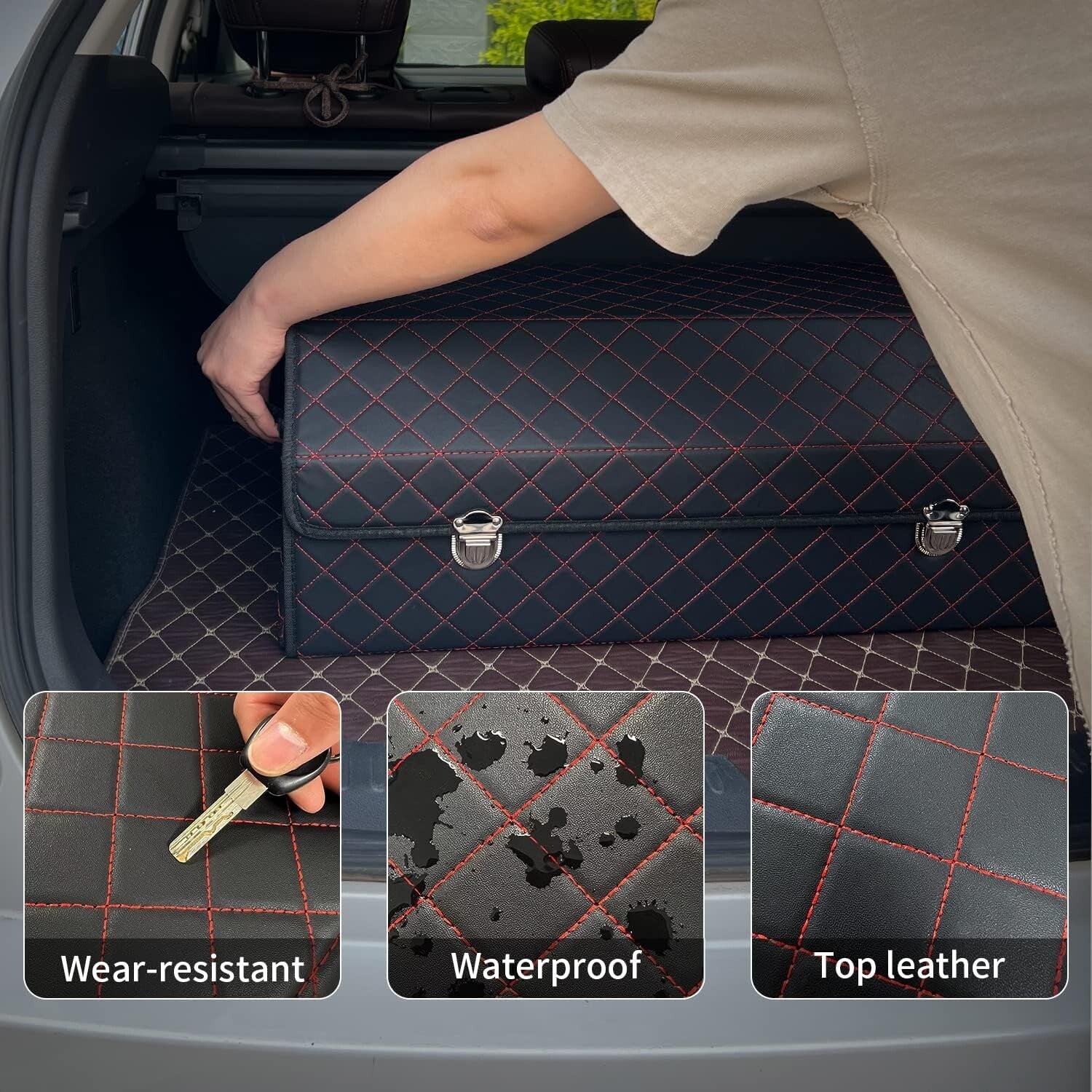 Elegant Foldable Black Red Grid Car Storage Box - Keeps Your Trunk Organized