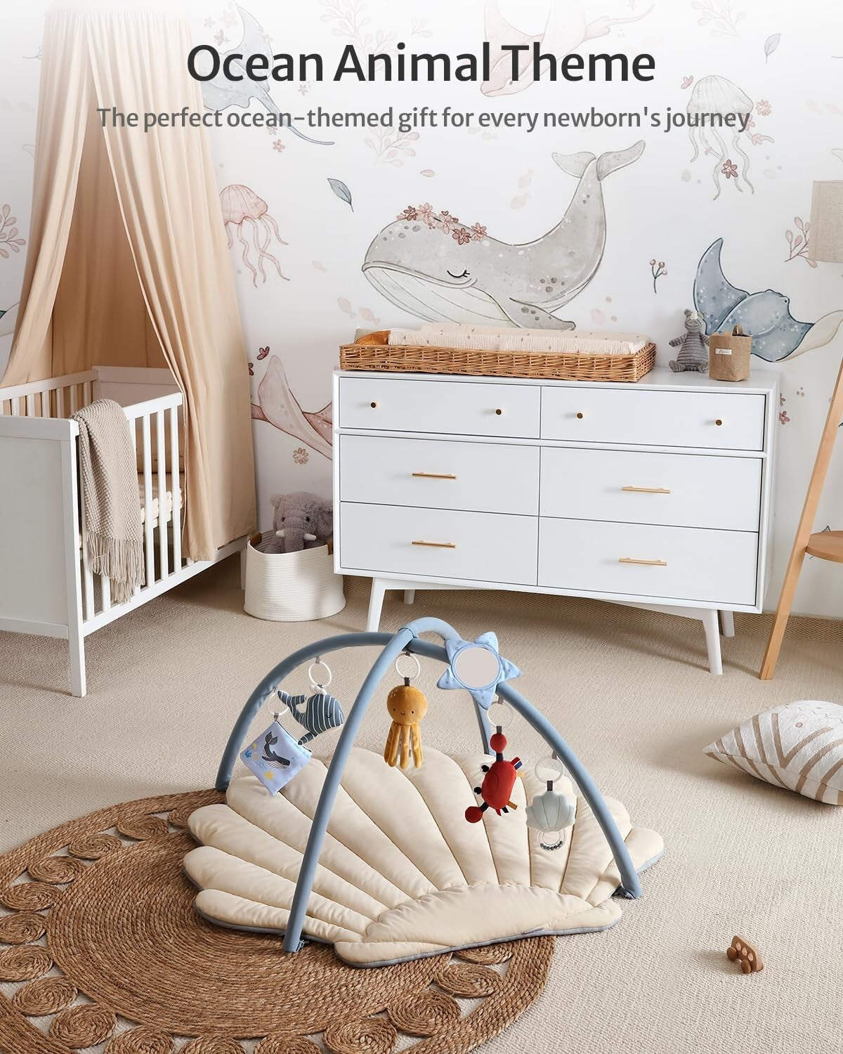 Boho Ocean-Themed Baby Play Gym Mat with 6 Sensory Toys for Early Development