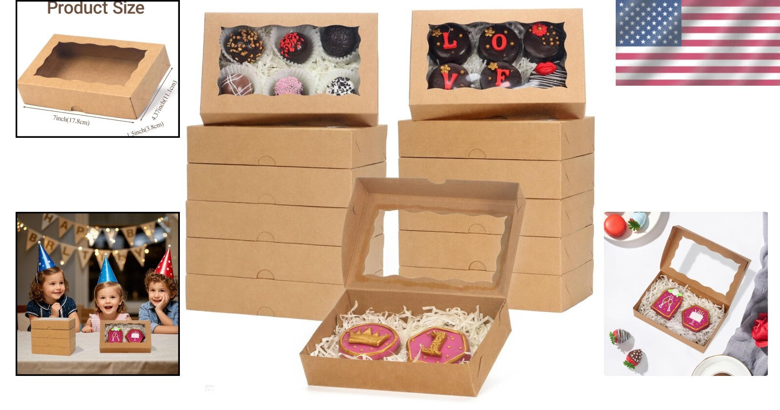 Chocolate & Macaron Bakery Boxes - 100 Pack Stylish with Clear Viewing Window