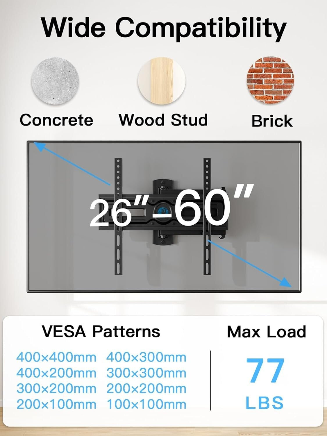Durable Full Motion Wall Mount for TVs 26-60 Inches - Tilt & Swivel Convenience