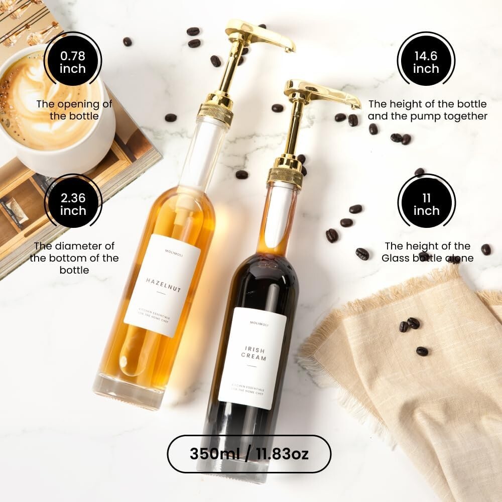 Stylish 350ml Pump Dispenser Set - Gold Syrup Bottles with Custom Labels