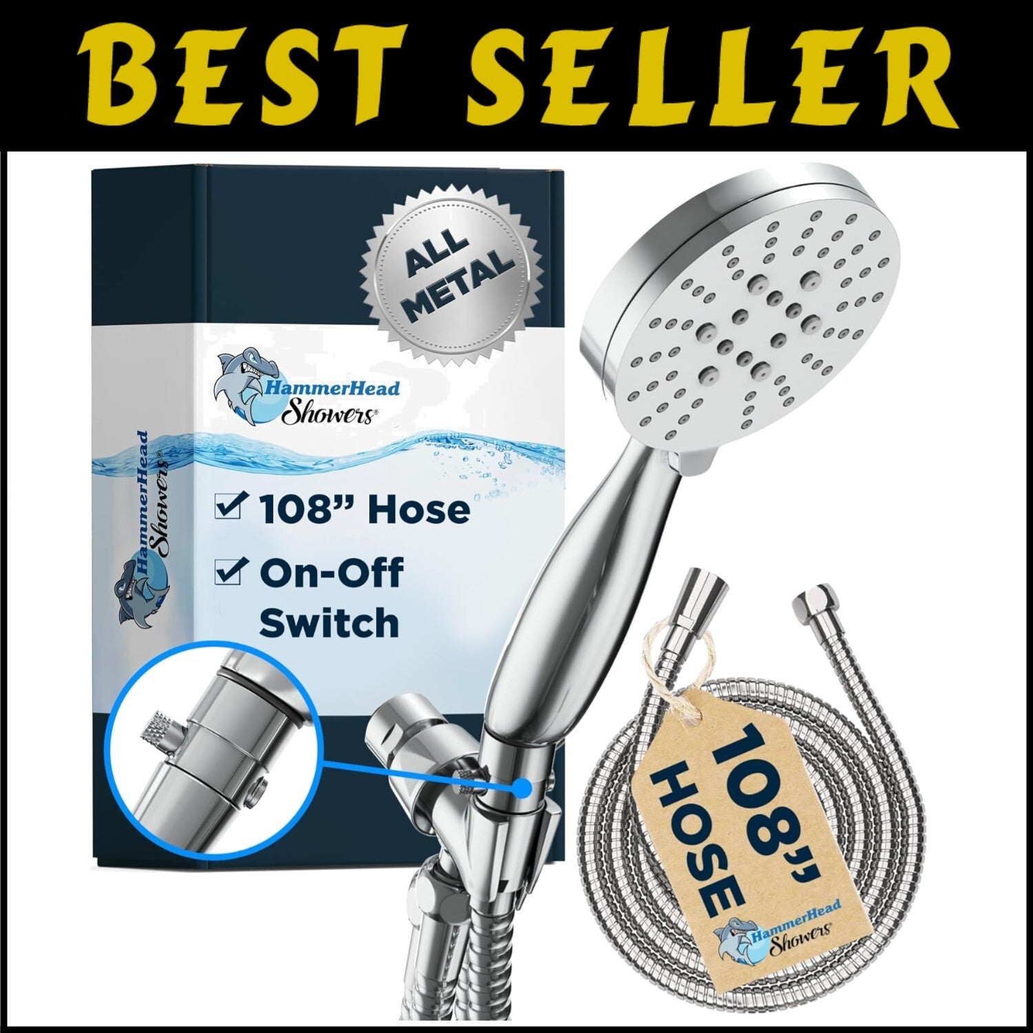 Extra Long 108-Inch Hose Handheld Shower Head - 3 Settings with Shutoff Valve