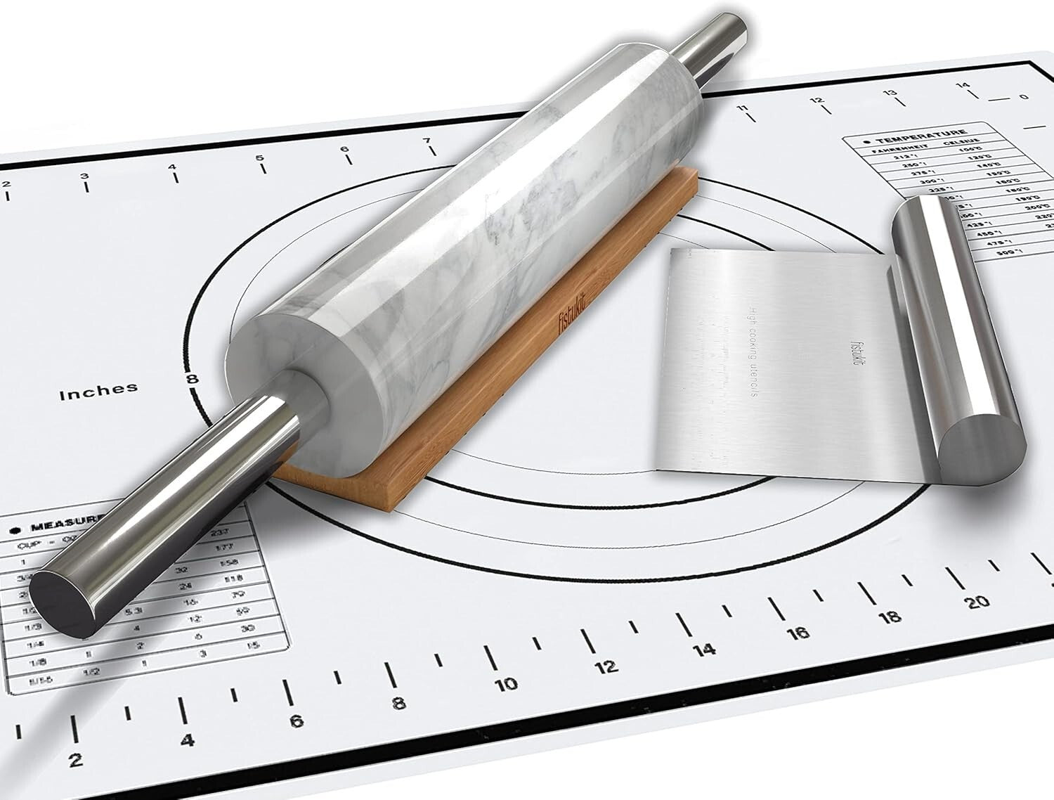 White Marble Rolling Pin Set with Stainless Steel Handles & Baking Accessories