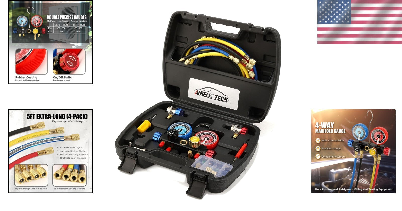 Multi-Refrigerant A/C Gauge Set with Brass Valves, 5FT Hose & 3 Tank Adapters