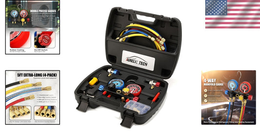 Multi-Refrigerant A/C Gauge Set with Brass Valves, 5FT Hose & 3 Tank Adapters