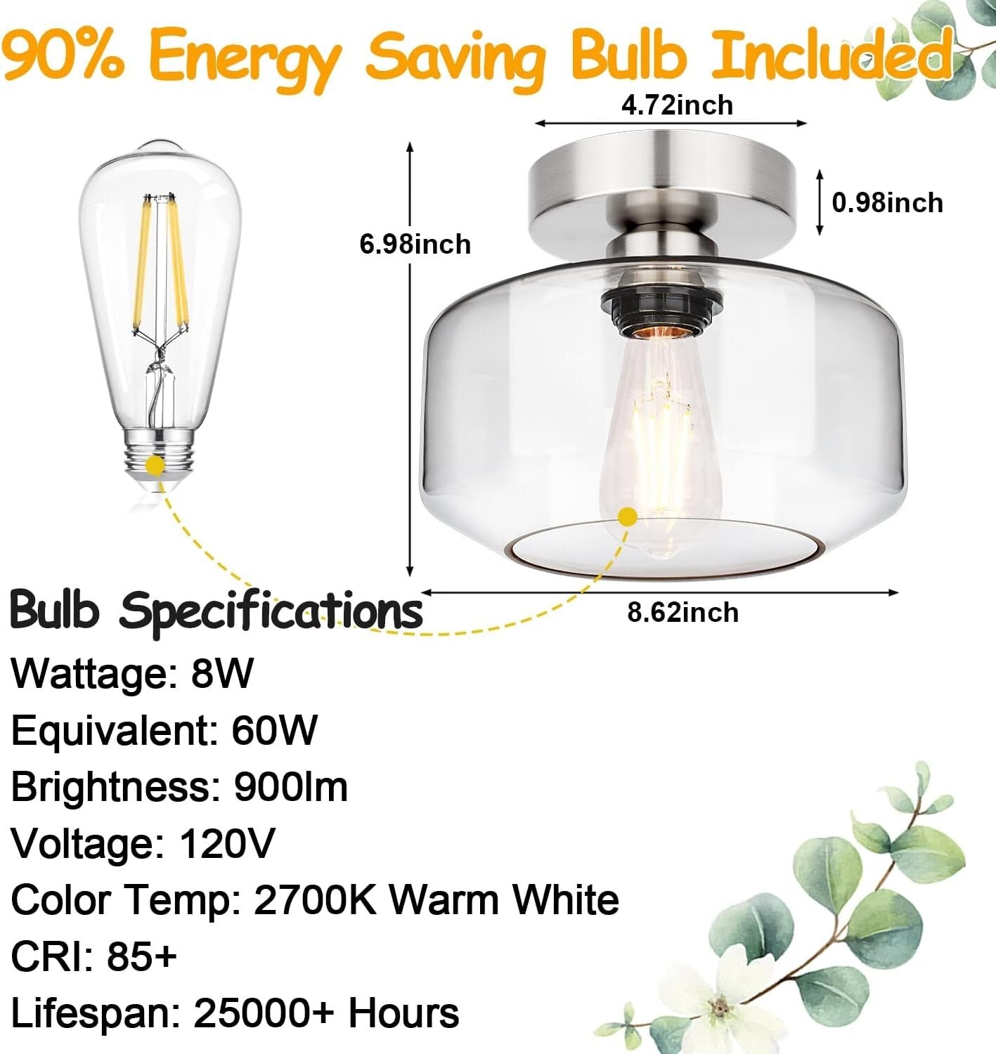 Semi Flush Mount Industrial Ceiling Light with Clear Glass and Brushed Nickel