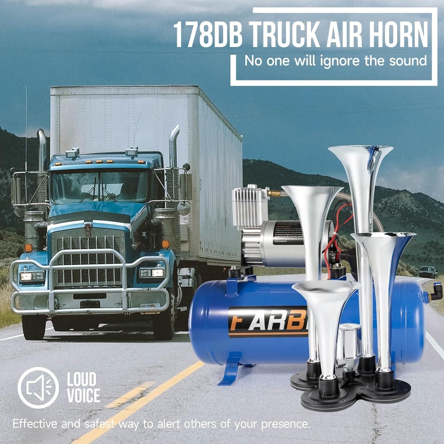 Universal 178DB Air Horn Kit for Trucks, Cars, Boats - Complete with Compressor