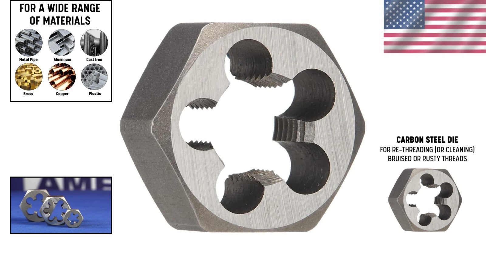 DWT Series M45 x 1.5 Hex Die - Durable Carbon Steel for Accurate Rethreading