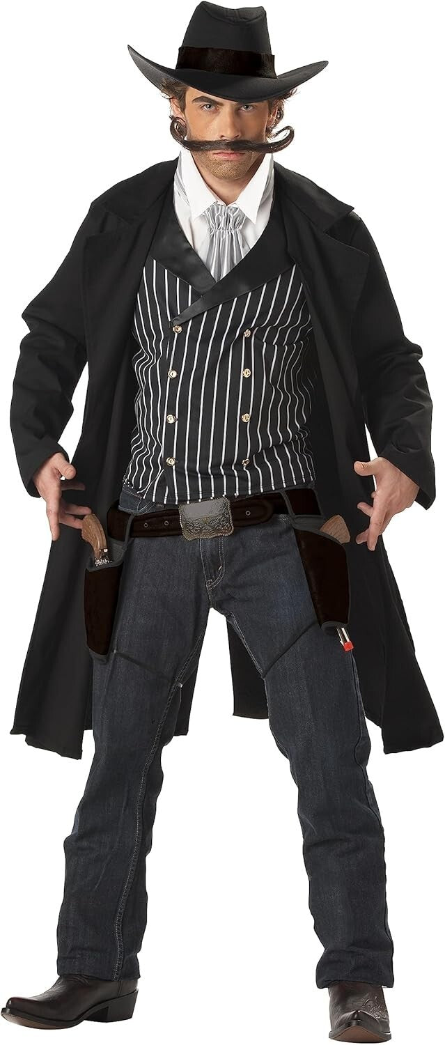 Classic Men’s Western Gunfighter Costume: Duster, Vest, Hat & Holsters Included