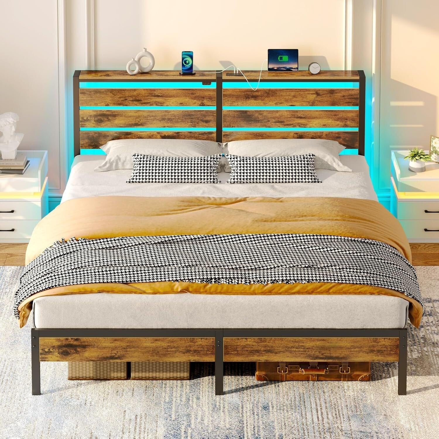 Multi-Functional King Bed Frame with USB Ports, LED Lights & Storage Solutions