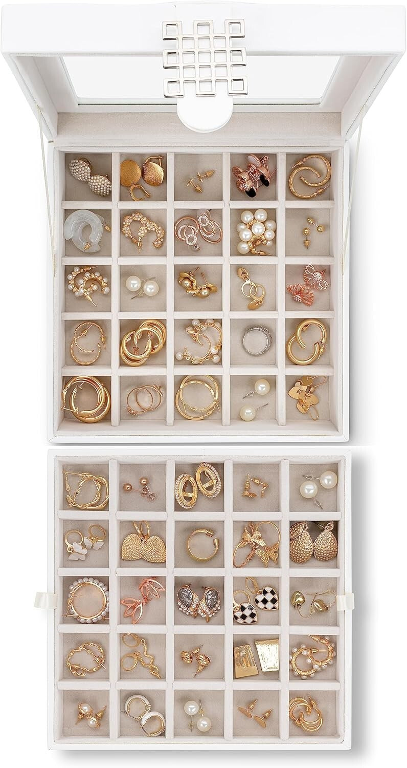 Elegant Earring Holder - 2 Layer Jewelry Box with 50 Compartments & Gift Box