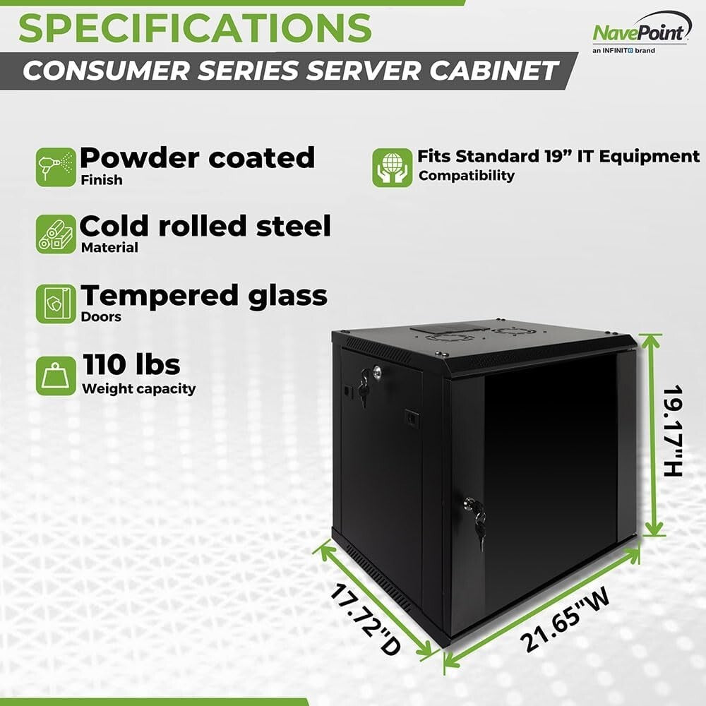 Durable 9U Server Rack Enclosure with Glass Door & Cooling Fan - Lockable Design
