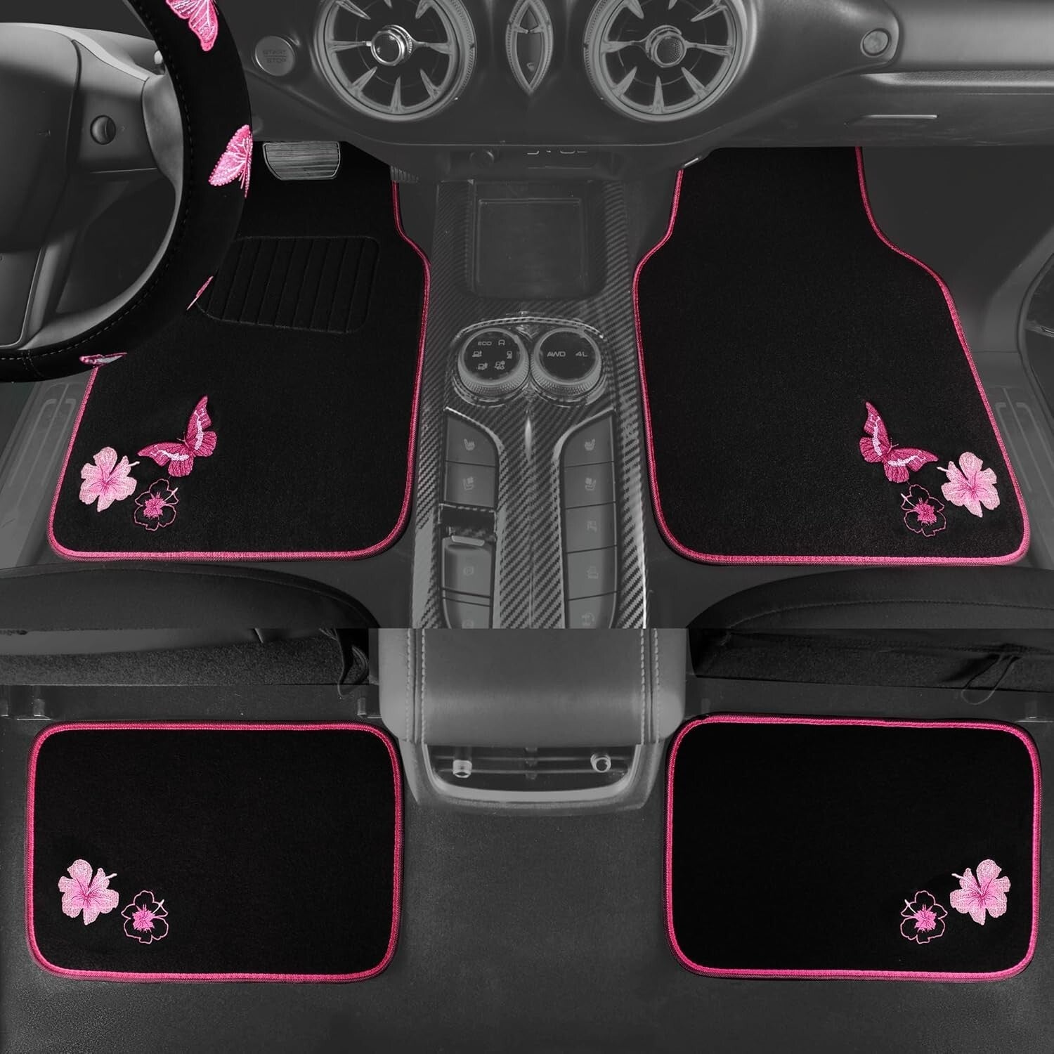 Elegant Pink Car Mats & Exercising Steering Wheel Cover with Butterfly Design