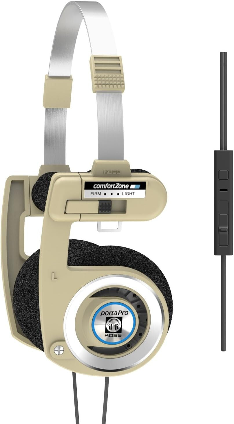 Foldable Porta Pro Headphones in Rhythm Beige with Volume Control & Carry Case