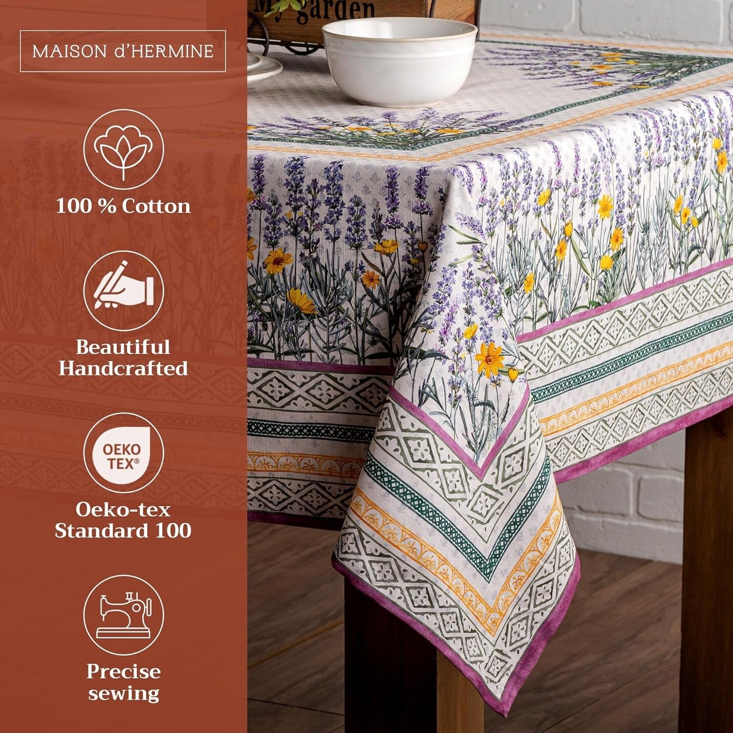 Durable Rectangular Tablecloth - Fanny Lavender 100% Cotton, Easy-Care 60" x 90"
