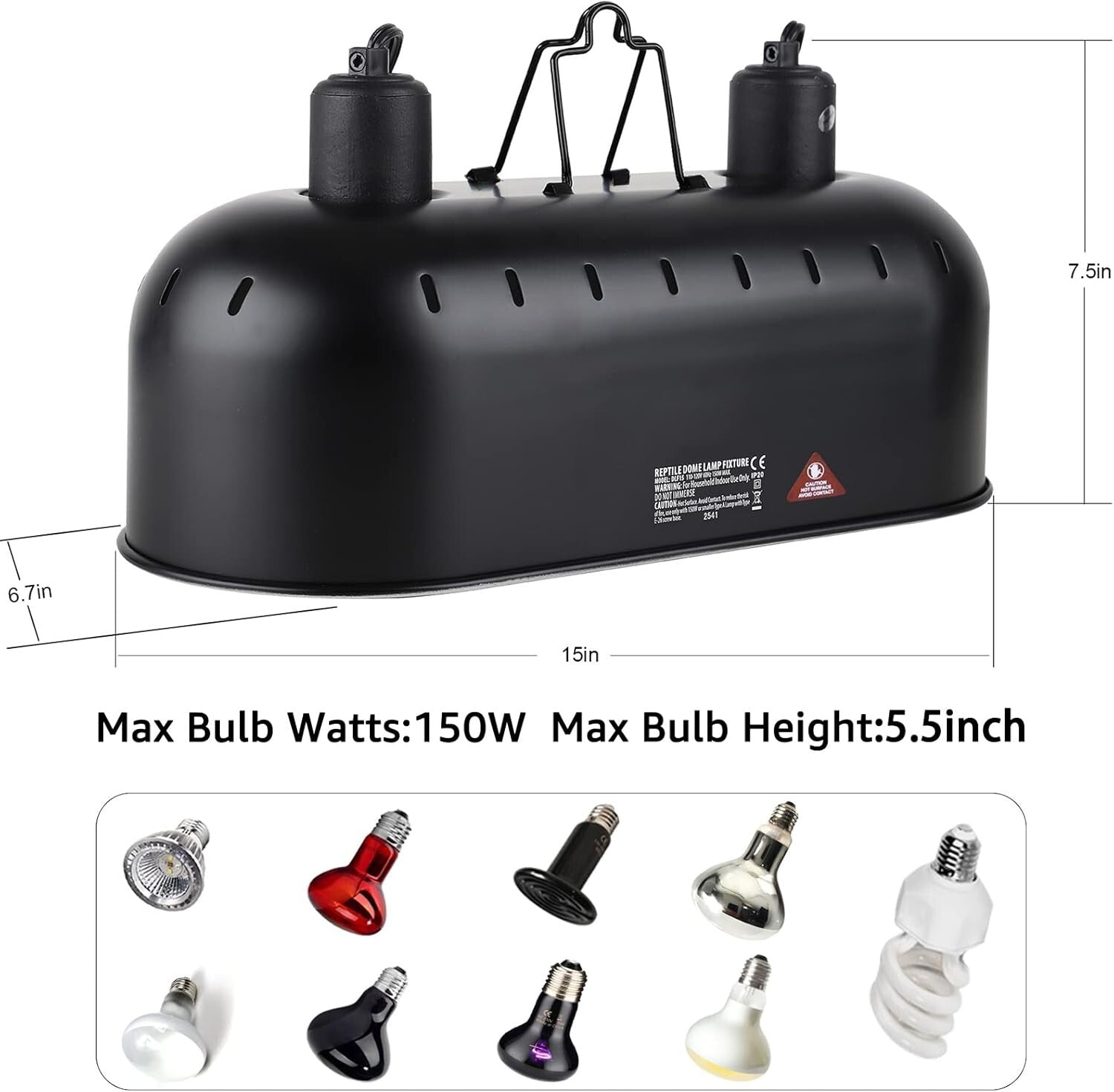 Adjustable 15-inch Reptile Heat Lamp with Independent Switch Control - Max 150W