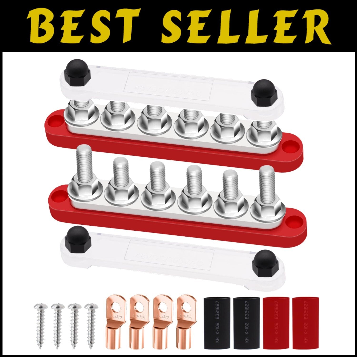 12V-48V Bus Bar with 6 M10 Terminal Studs - Includes Battery lugs & Heat Shrink