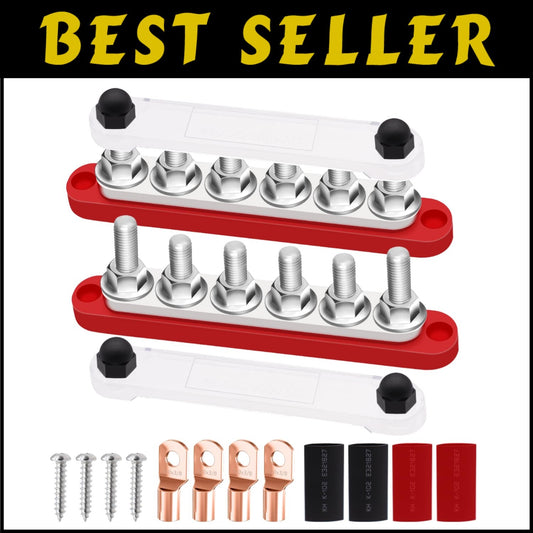 12V-48V Bus Bar with 6 M10 Terminal Studs - Includes Battery lugs & Heat Shrink