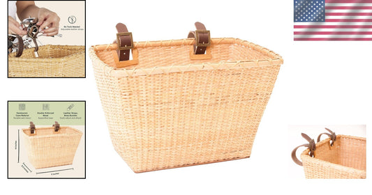 Vintage Cane Woven Bicycle Handlebar Basket with Leather Straps & Brass Buckles
