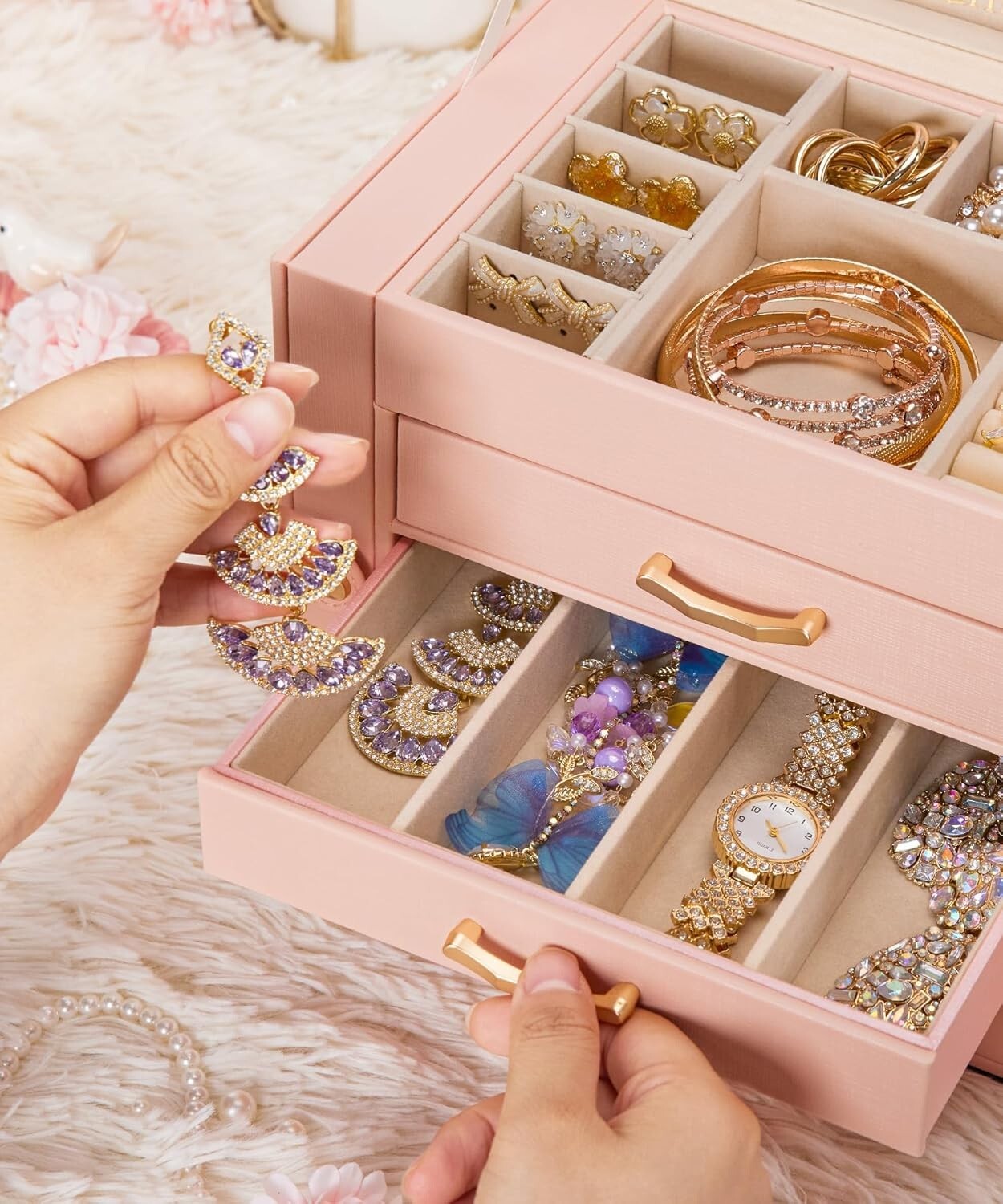 Elegant 3-Drawer Jewelry Holder in Peach Pink – Perfect Gift for All Occasions