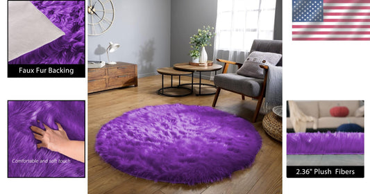 5ft Round Fluffy Purple Faux Fur Rug - Stylish Boho Decor for Living Spaces