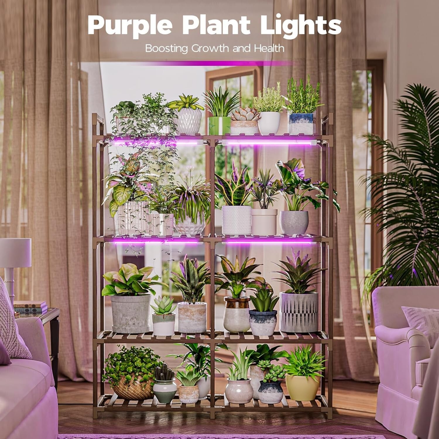Durable Carbonized Wood Plant Rack with Integrated Grow Light - 16 Pot Capacity