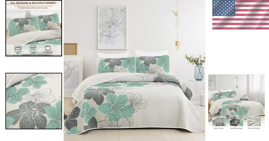 Floral Pattern King Quilt Set - Elegant Soft Microfiber Bedspread for Bedrooms