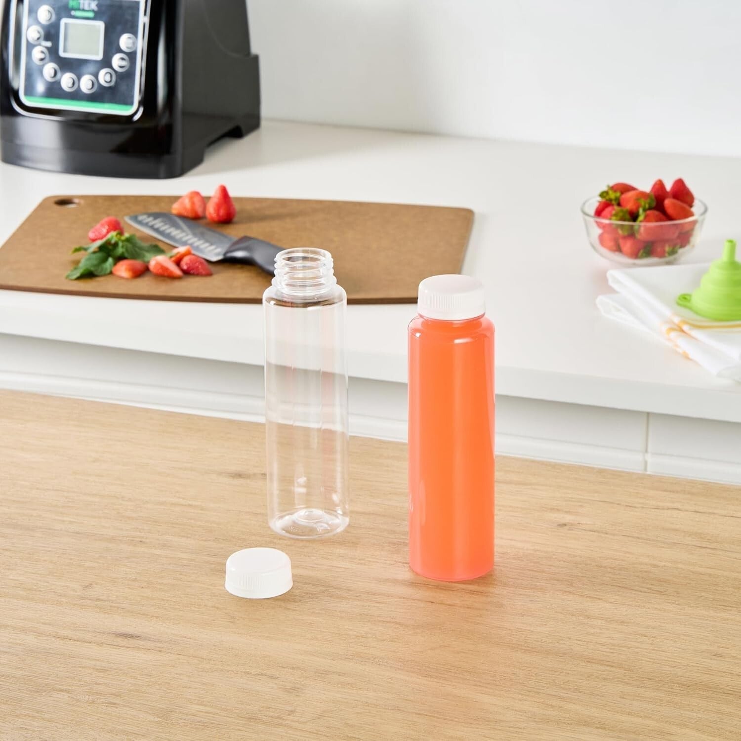 100 Recyclable 12 Oz Plastic Juice Bottles with Tamper-Evident Safety Caps