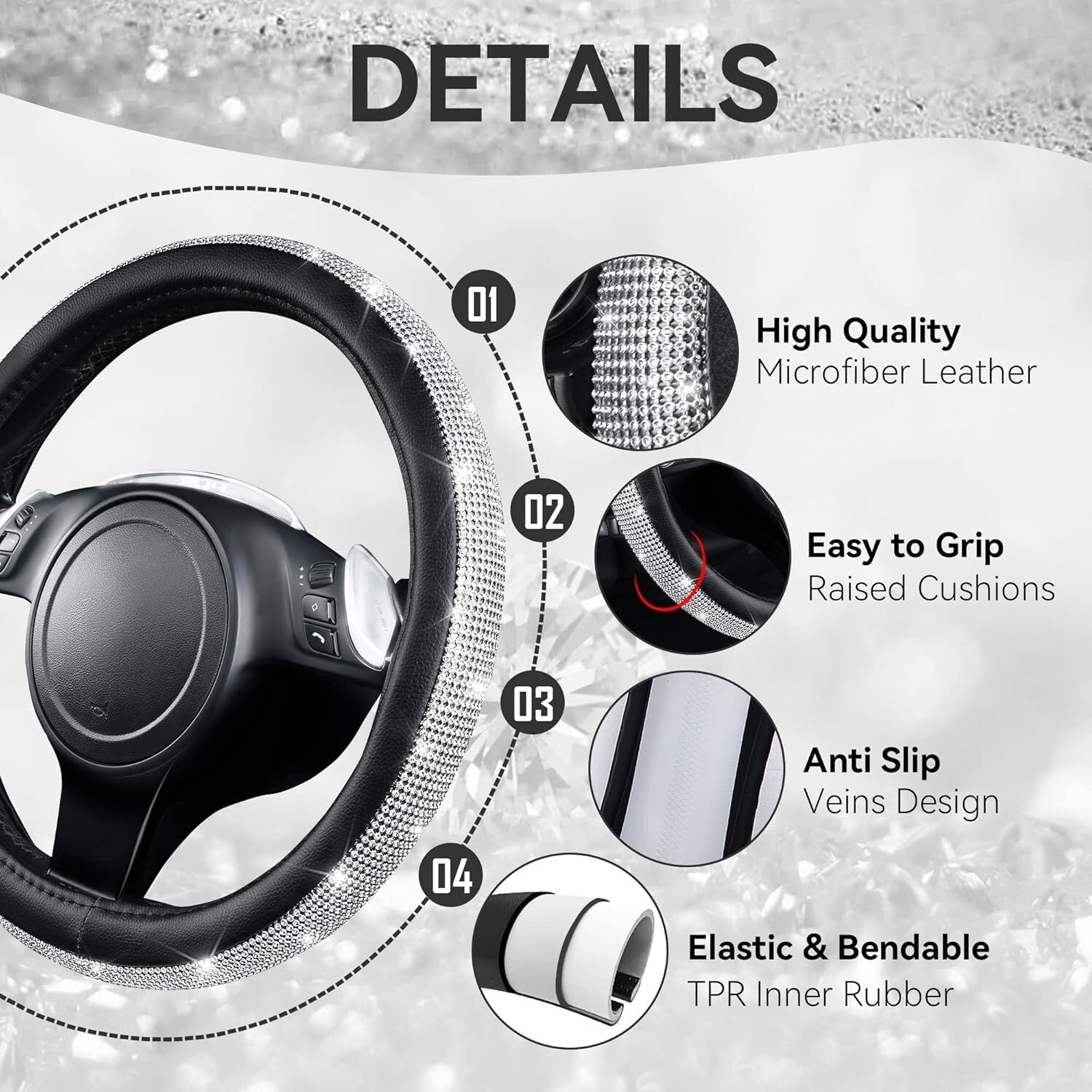 Gorgeous Leather Diamond Seat Covers & Sparkly Steering Wheel Set for Women