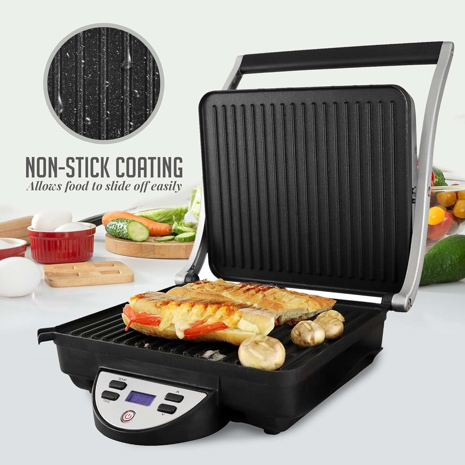 Compact Electric Panini Press with Automatic Timer - Ideal for Small Spaces