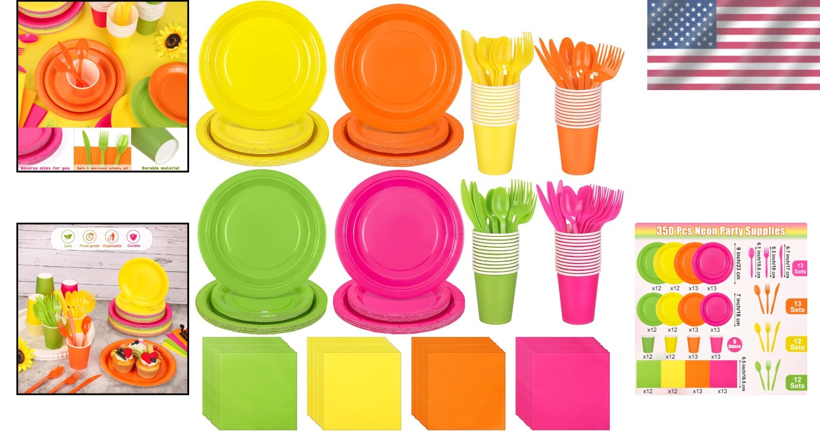 Ultimate Neon Party Supplies - 350 Count Dinnerware for Effortless Celebrations