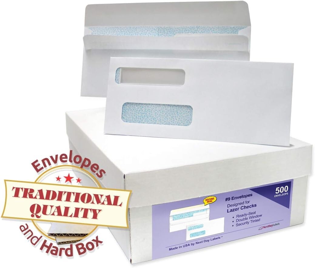 Bulk Box of 500 Classic Double Window Check Envelopes - Secure & Compliant