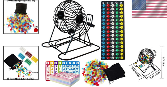 Complete Bingo Game Set - 11" Cage, 75 Balls, 500 Chips for Group Entertainment