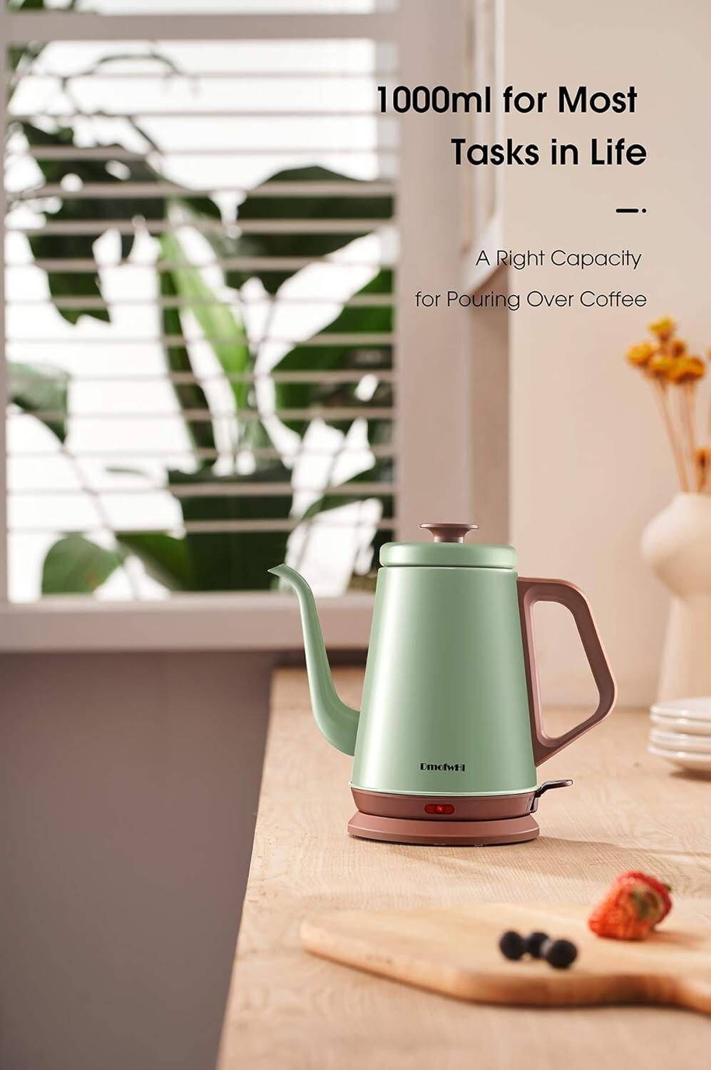 304 Stainless Steel Electric Kettle with Gooseneck Spout - 1L Capacity in Green