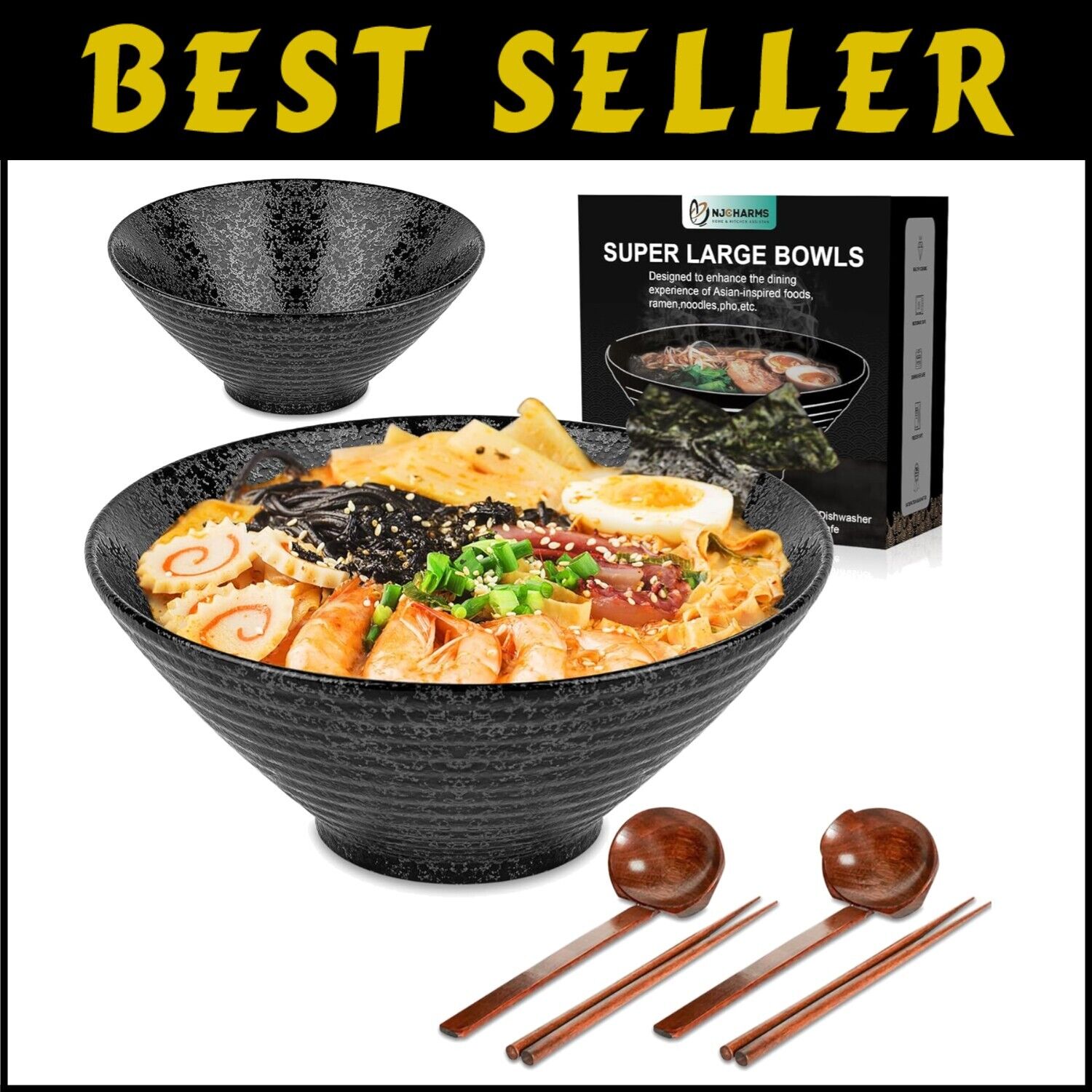 Authentic Japanese Ramen Bowl Set of 2 - 60 oz Ceramic with Spoons & Chopsticks
