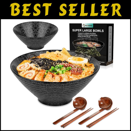 Authentic Japanese Ramen Bowl Set of 2 - 60 oz Ceramic with Spoons & Chopsticks