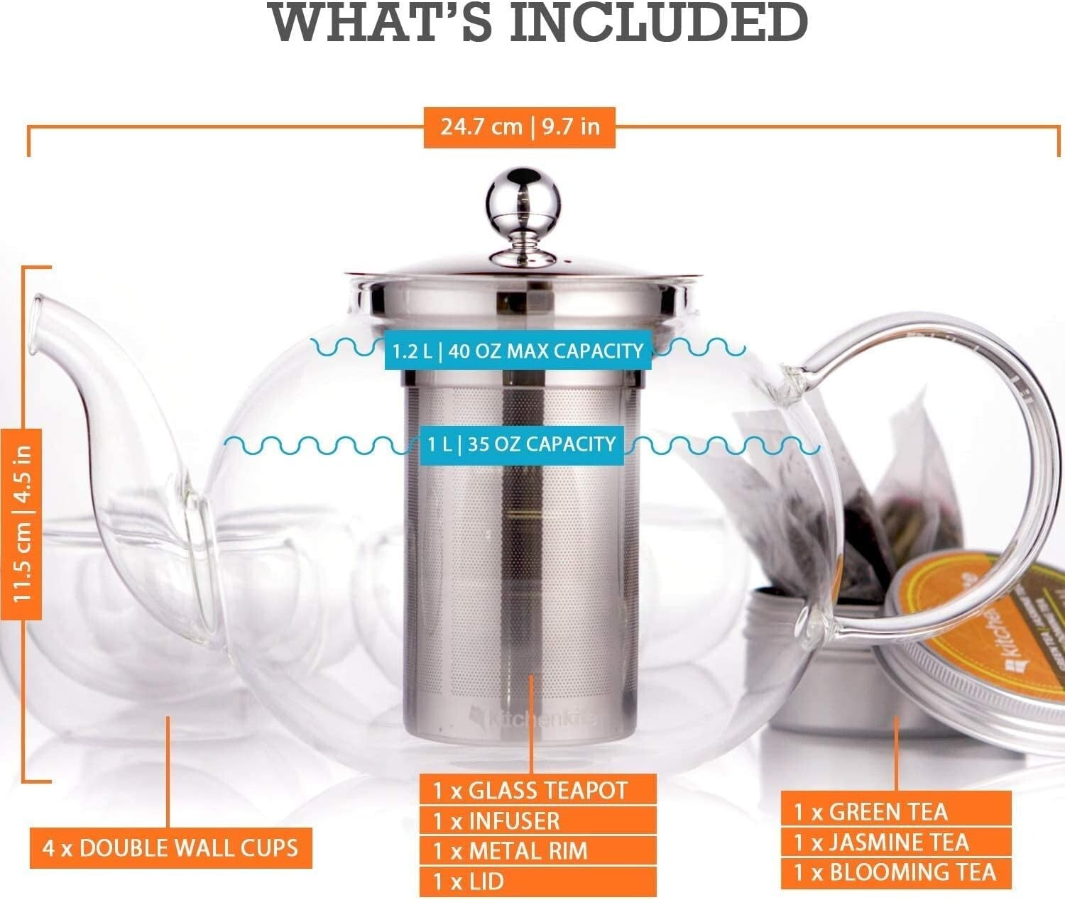Elegant Glass Teapot Set with 4 Double Wall Teacups & Stainless Steel Infuser