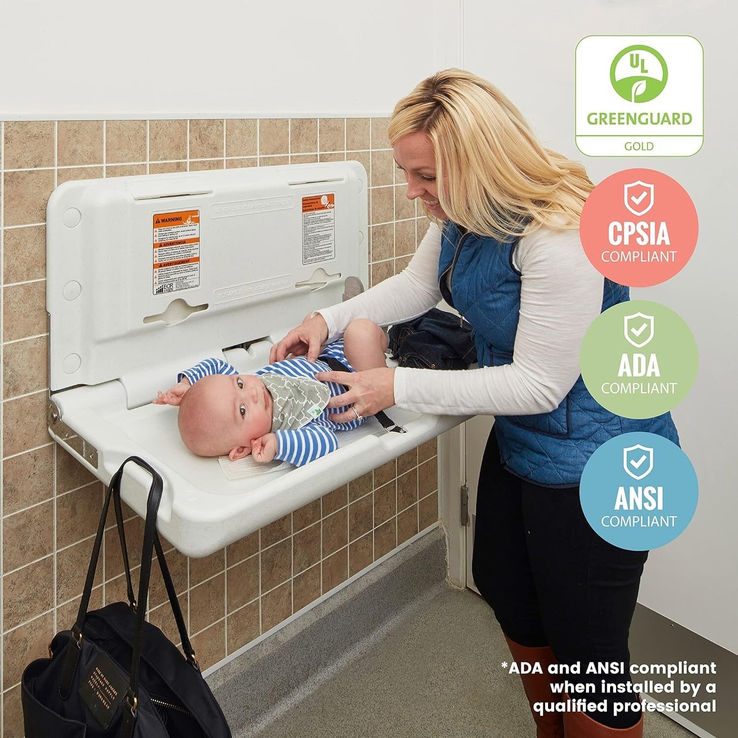 Horizontal Wall-Mounted Diaper Changing Station - Safe & Stylish White Granite