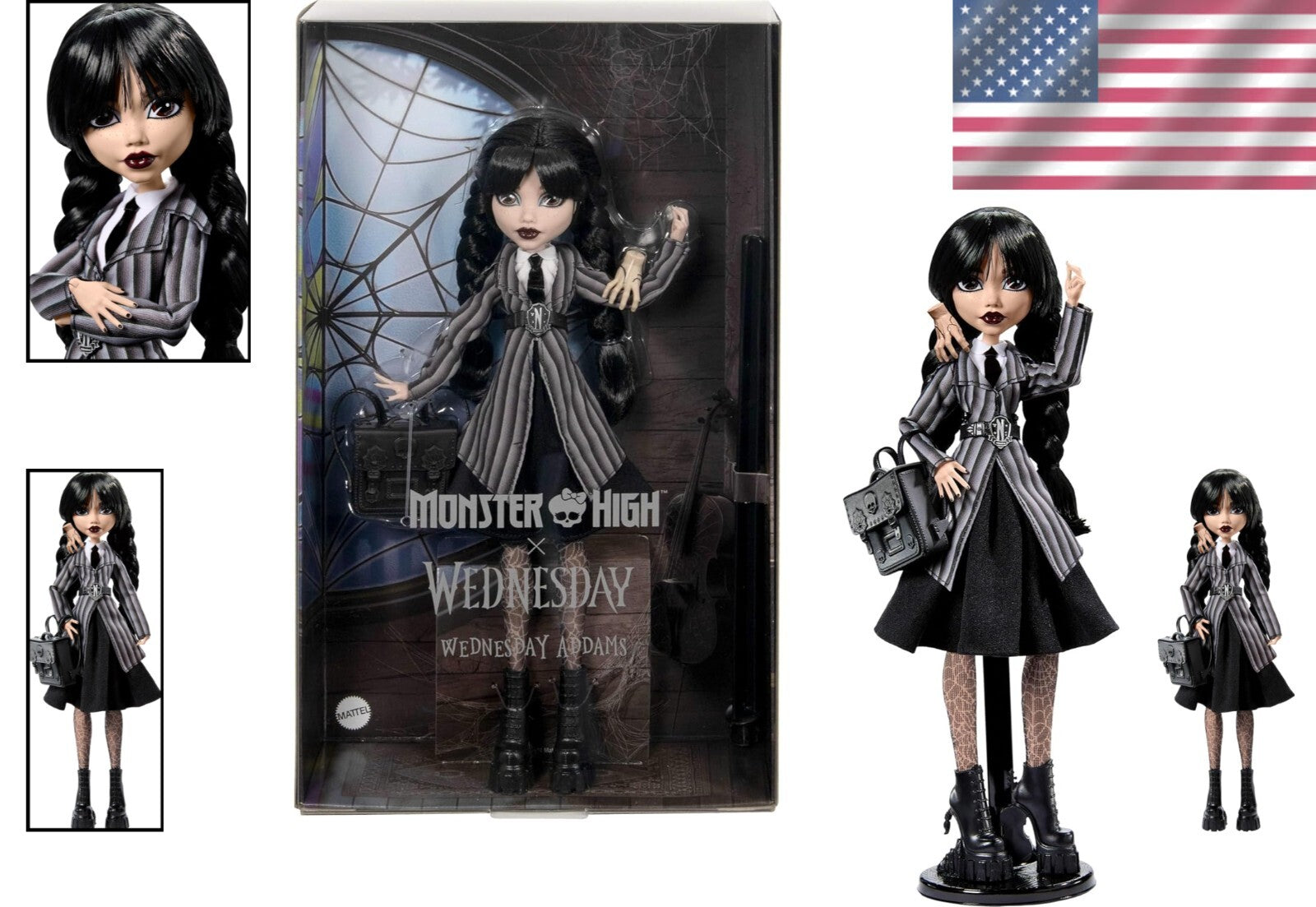 Dramatic Wednesday Addams Doll with Stand, Thing, & Unique Backpack Accents